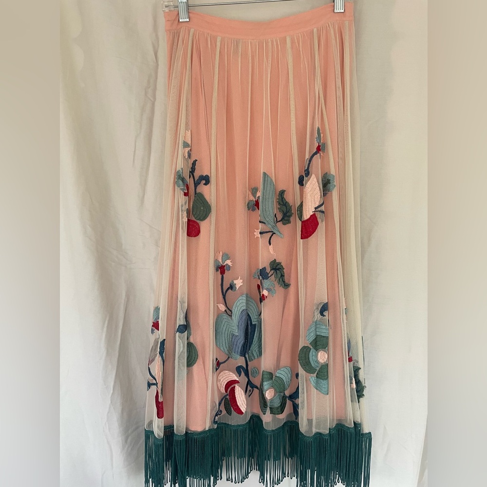 Anthropologie Embroidered Tassel Midi Skirt Sz 4
